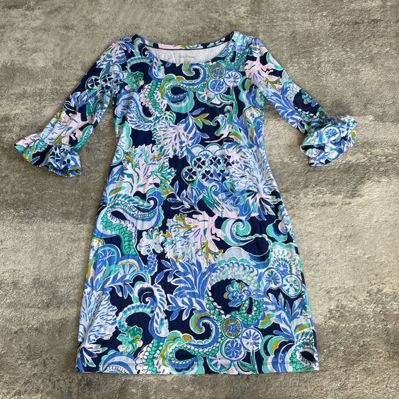 Lilly Pulitzer Sophie Ruffle Dress Womens XS UPF 50 3/4 Sleeve Navy Pink Ocean - Picture 1 of 9